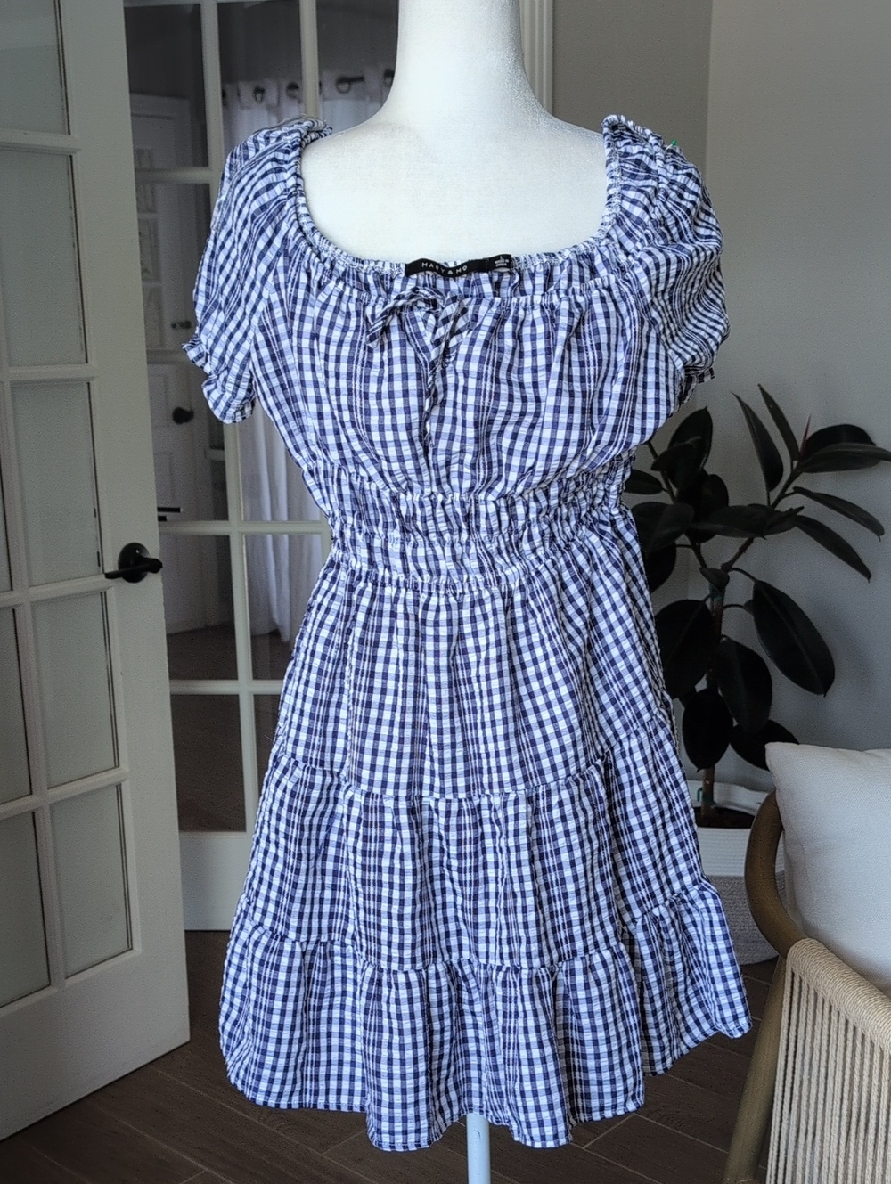 Mary & Mo Blue and White Gingham Tiered Summer Dress Large